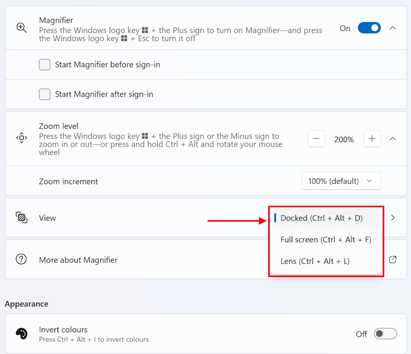 Use the View drop-down menu to change the Magnifier view